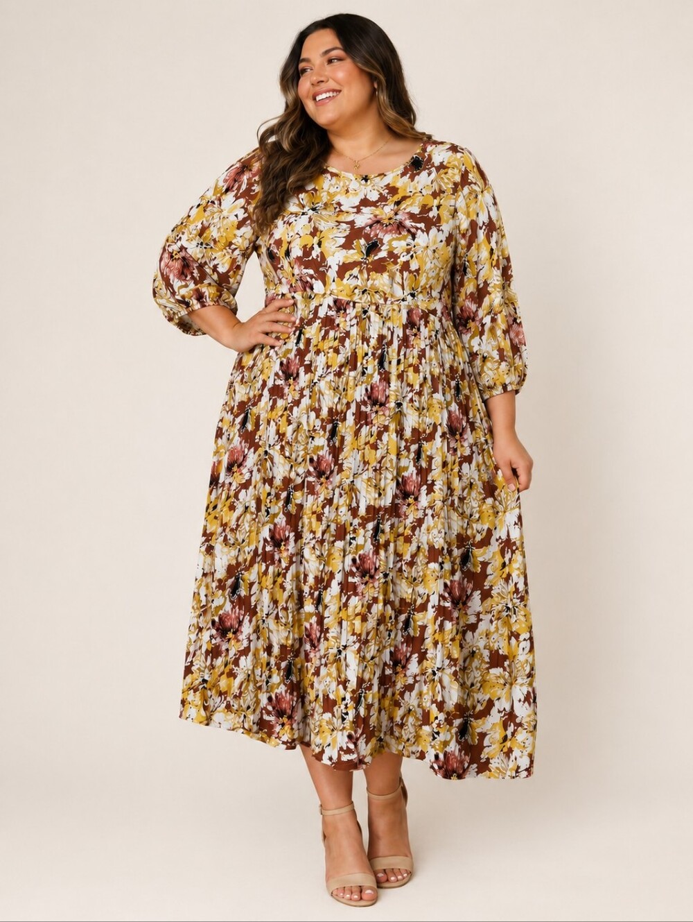 Hayden Los Angeles Boho Floral Pleated Skirt Long Sleeve Dress Size Size 1XL